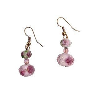Glass Floral Earrings Pink Triple Beaded Rose Gold-Toned Dangle Drop Hook Lobe